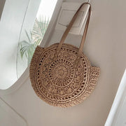 Crochet Summer Bag for Women, Natural Summer Vacation Purse in Beige, styled as a SheSelects summer accessory
