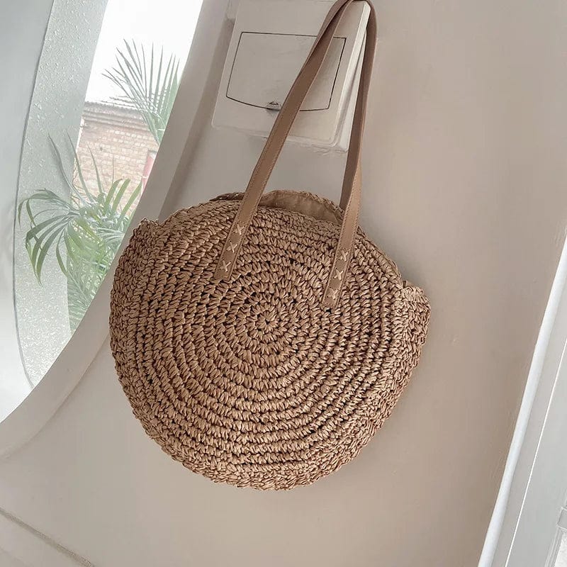 Crochet Summer Bag for Women, Natural Summer Vacation Purse in Beige, styled as a SheSelects summer accessory
