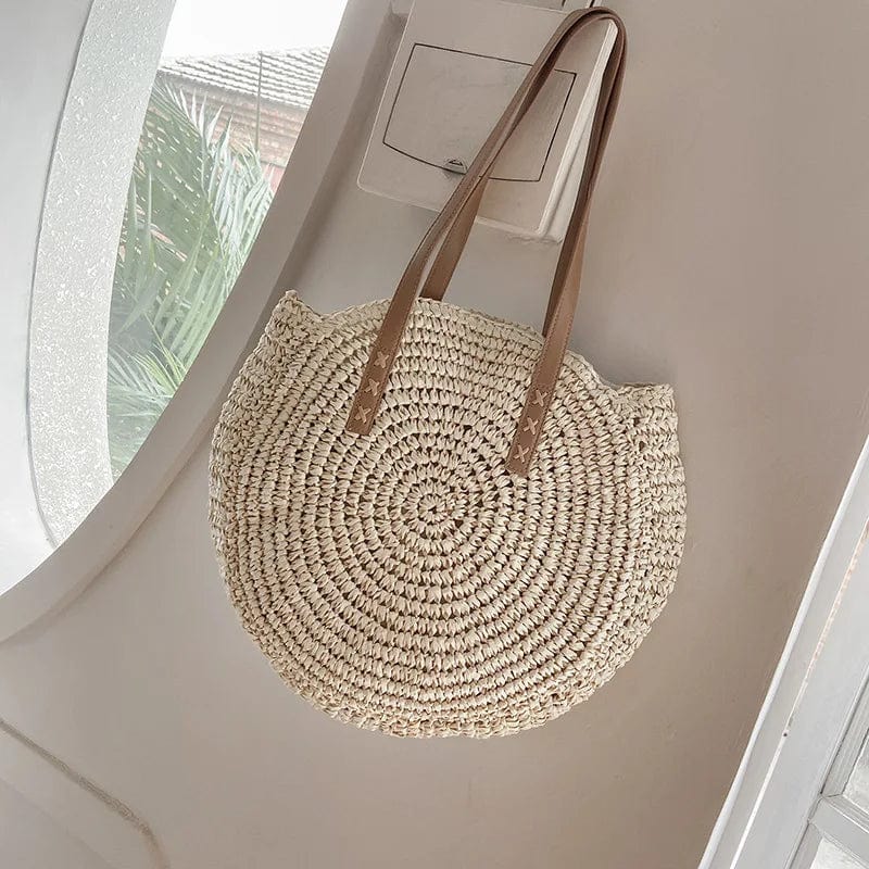 Crochet Summer Bag for Women, Natural Summer Vacation Purse in Beige, styled as a SheSelects summer accessory