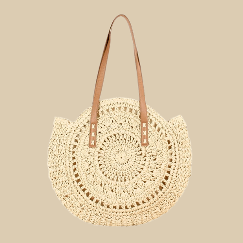 Crochet Summer Bag for Women, Natural Summer Vacation Purse in Beige, styled as a SheSelects summer accessory
