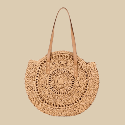 Crochet Summer Bag for Women, Natural Summer Vacation Purse in Beige, styled as a SheSelects summer accessory