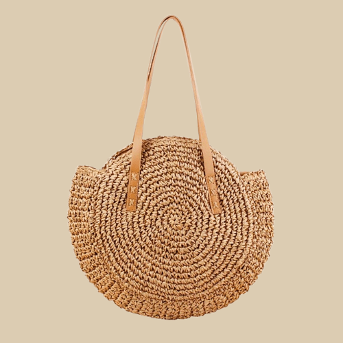 Crochet Summer Bag for Women, Natural Summer Vacation Purse in Beige, styled as a SheSelects summer accessory