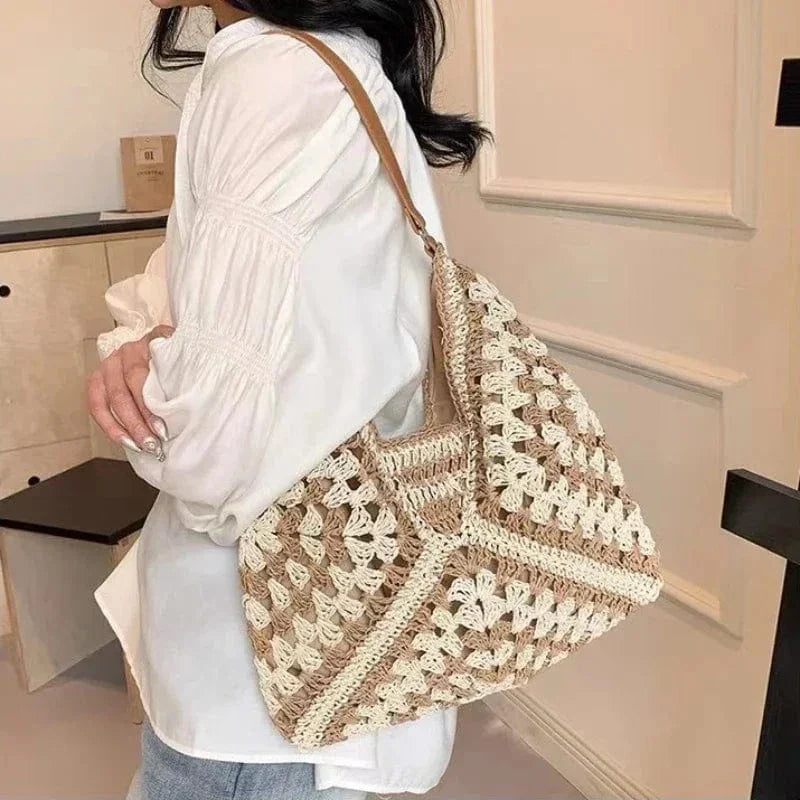 Crochet Tote Bag for Women, Woven Summer Beach and Vacation Purse in Coffee, styled as a SheSelects summer accessory