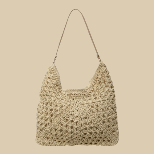 Crochet Tote Bag for Women, Woven Summer Beach and Vacation Purse in Coffee, styled as a SheSelects summer accessory
