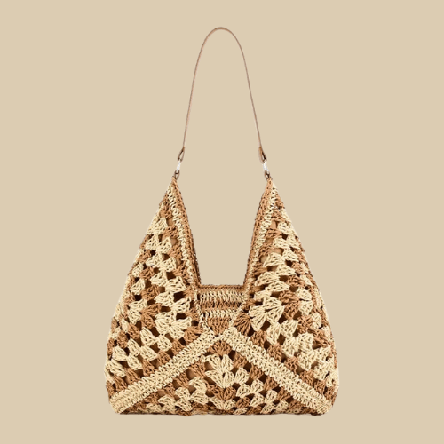 Crochet Tote Bag for Women, Woven Summer Beach and Vacation Purse in Coffee, styled as a SheSelects summer accessory