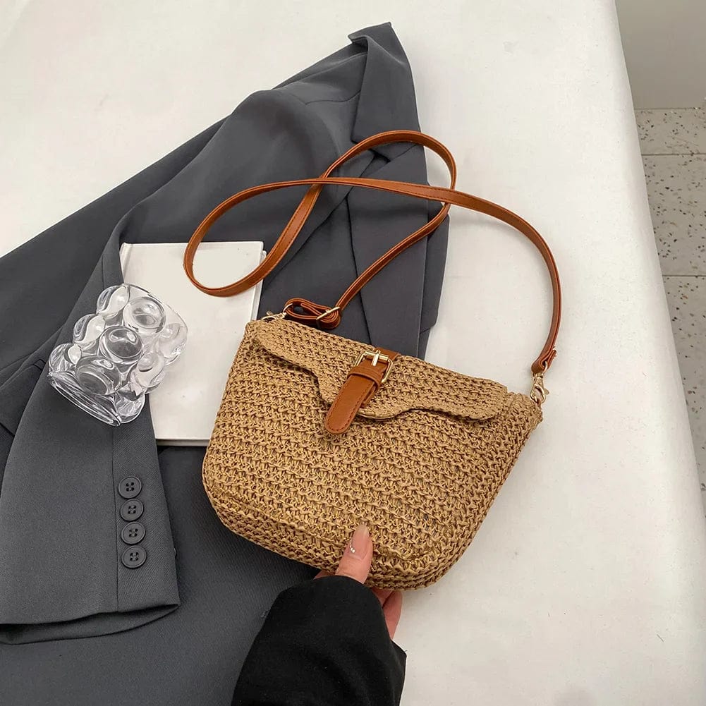 Straw Crossbody Bag for Women, Woven Summer Purse with Easy Strap in Light Brown, styled as a SheSelects summer accessory