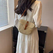 Straw Crossbody Bag for Women, Woven Summer Purse with Easy Strap in Light Brown, styled as a SheSelects summer accessory