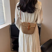 Straw Crossbody Bag for Women, Woven Summer Purse with Easy Strap in Light Brown, styled as a SheSelects summer accessory