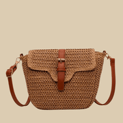 Straw Crossbody Bag for Women, Woven Summer Purse with Easy Strap in Light Brown, styled as a SheSelects summer accessory