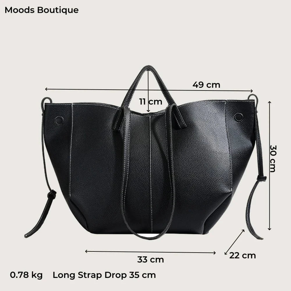 Vegan Leather Tote Bag for Women, Soft Everyday Shoulder Purse in Black, styled as a SheSelects summer accessory