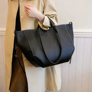 Vegan Leather Tote Bag for Women, Soft Everyday Shoulder Purse in Black, styled as a SheSelects summer accessory