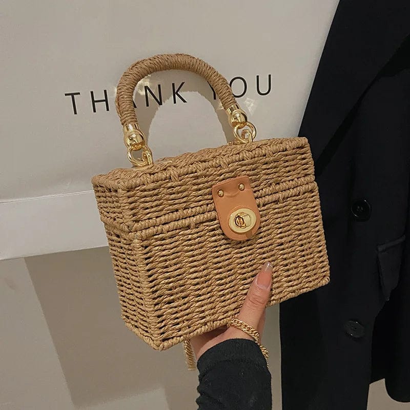 Rattan Summer Bag for Women, Natural Summer Vacation Purse in Beige, styled as a SheSelects summer accessory