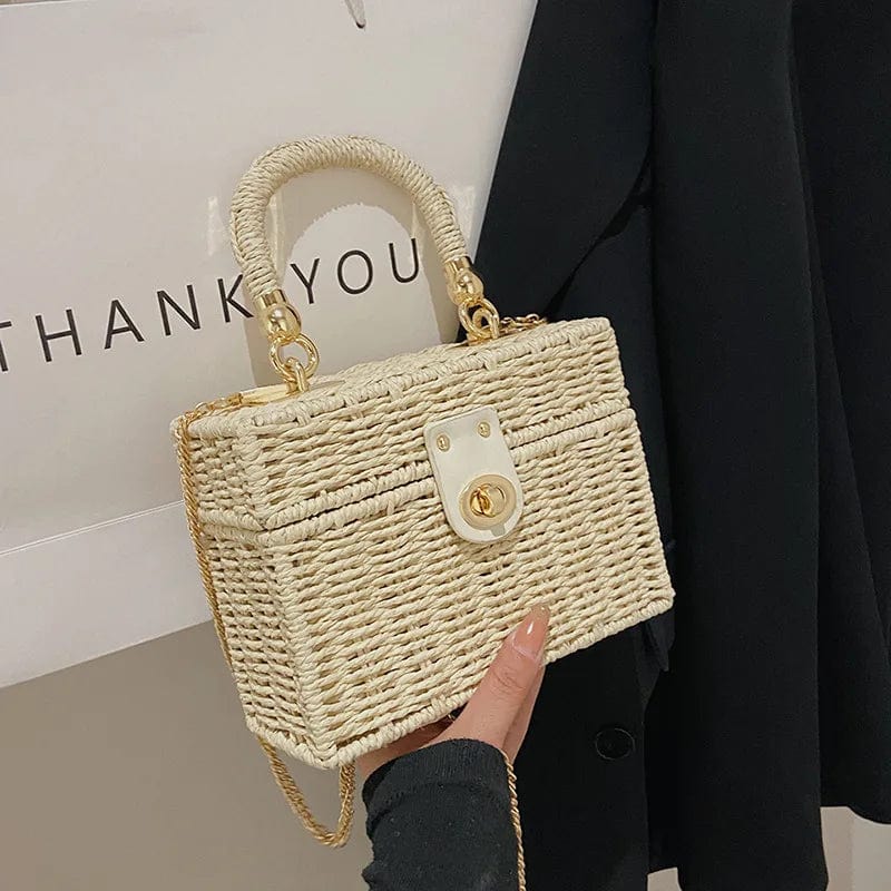 Rattan Summer Bag for Women, Natural Summer Vacation Purse in Beige, styled as a SheSelects summer accessory