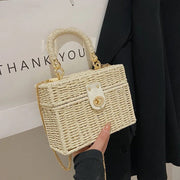Rattan Summer Bag for Women, Natural Summer Vacation Purse in Beige, styled as a SheSelects summer accessory
