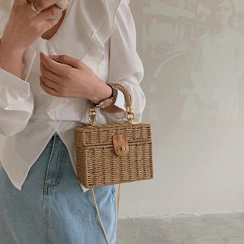 Rattan Summer Bag for Women, Natural Summer Vacation Purse in Beige, styled as a SheSelects summer accessory