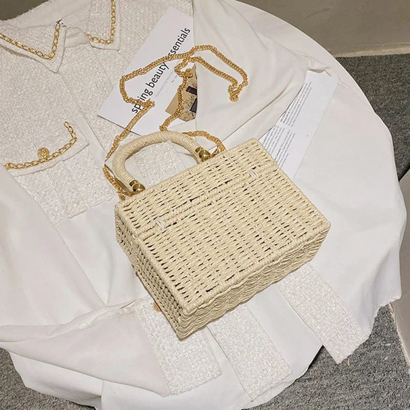 Rattan Summer Bag for Women, Natural Summer Vacation Purse in Beige, styled as a SheSelects summer accessory
