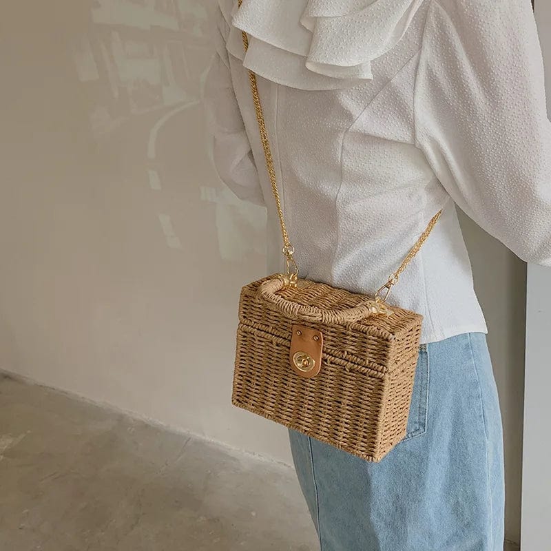 Rattan Summer Bag for Women, Natural Summer Vacation Purse in Beige, styled as a SheSelects summer accessory