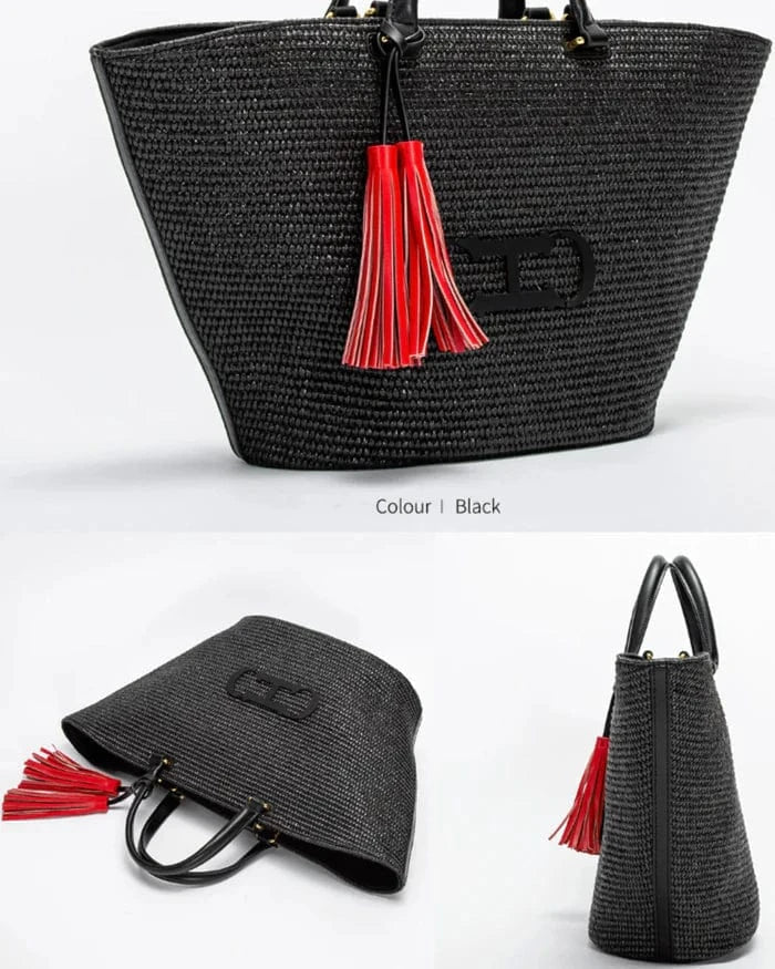 Wicker Summer Bag for Women, Natural Summer Vacation Purse in Black, styled as a SheSelects summer accessory