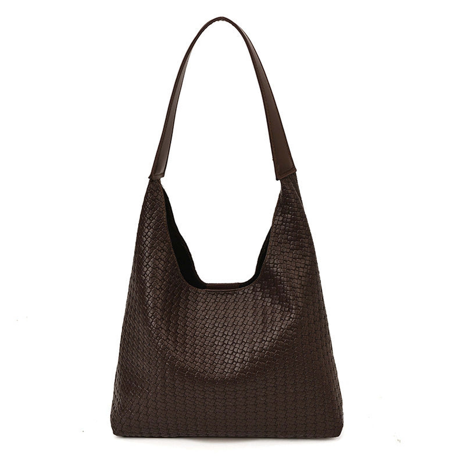 Dark brown woven hobo bag isolated on white showing the exact silhouette