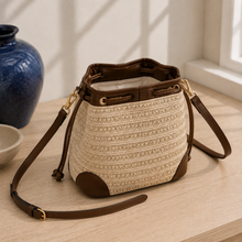 Woven Straw Drawstring Bucket Bag, Adjustable Summer Crossbody Purse