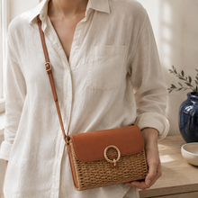 Woven Straw Square-Lock Crossbody Bag, Structured Fall Purse
