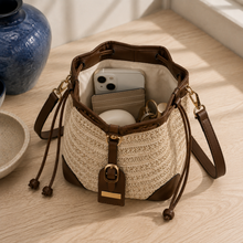 Woven Straw Drawstring Bucket Bag, Adjustable Summer Crossbody Purse