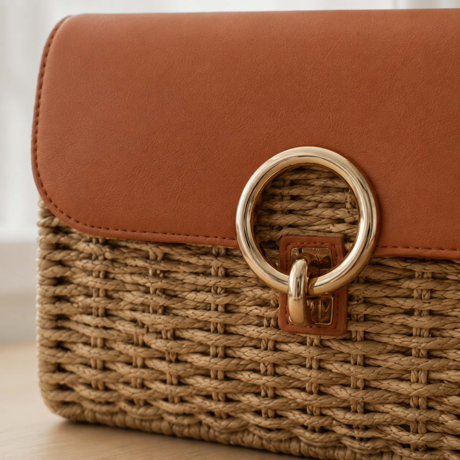 Circular gold lock and woven texture close-up