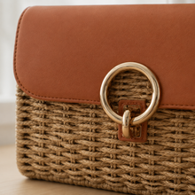 Woven Straw Square-Lock Crossbody Bag, Structured Fall Purse