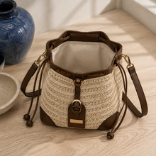 Woven Straw Drawstring Bucket Bag, Adjustable Summer Crossbody Purse
