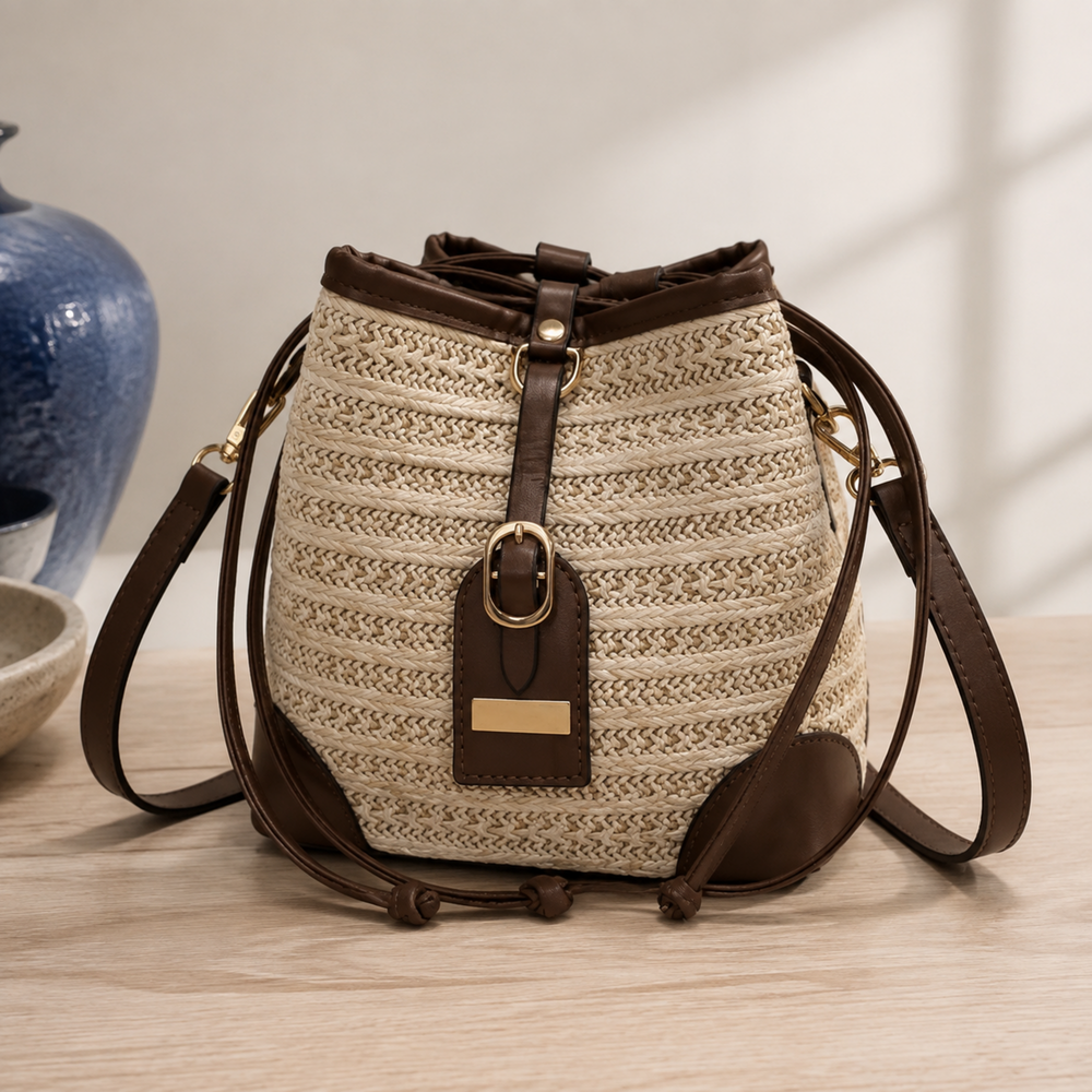 Woven Straw Drawstring Bucket Bag, Adjustable Summer Crossbody Purse