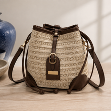Woven Straw Drawstring Bucket Bag, Adjustable Summer Crossbody Purse