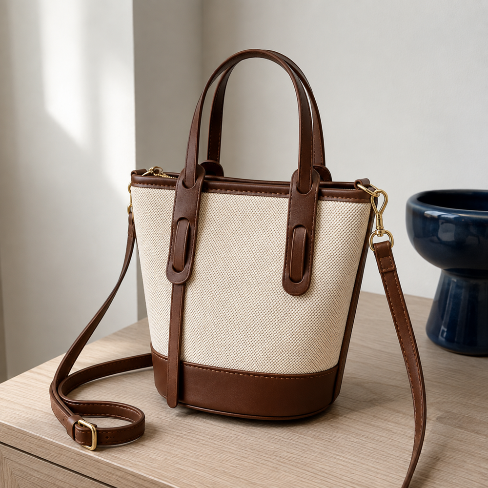 Strukturierte Canvas-Bucket-Bag mit Reißverschlussfächern und Crossbody-Riemen