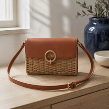 Woven Straw Square-Lock Crossbody Bag, Structured Fall Purse