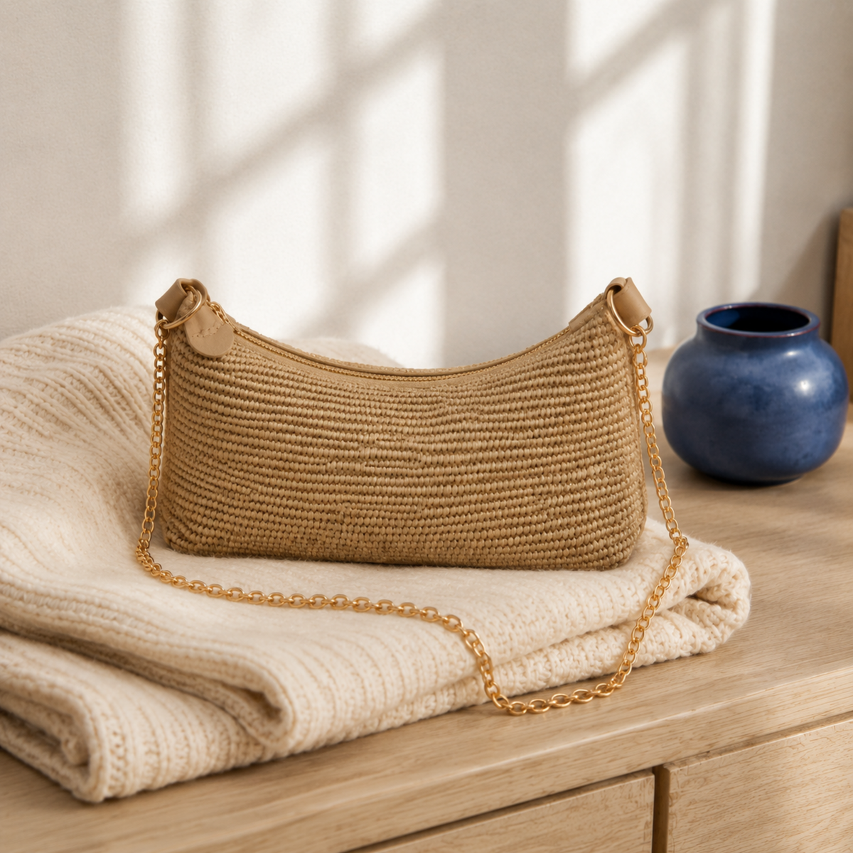 Khaki woven chain bag in a neutral home setting
