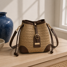 Woven Straw Drawstring Bucket Bag, Adjustable Summer Crossbody Purse