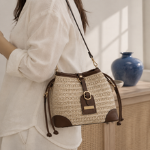 Woven Straw Drawstring Bucket Bag, Adjustable Summer Crossbody Purse