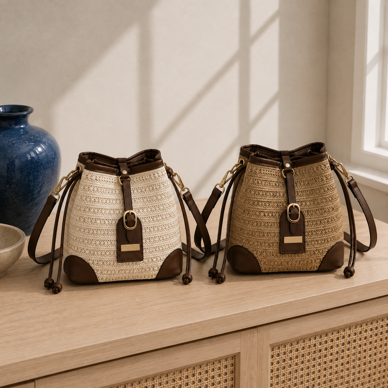 Beige and khaki bucket bag color lineup