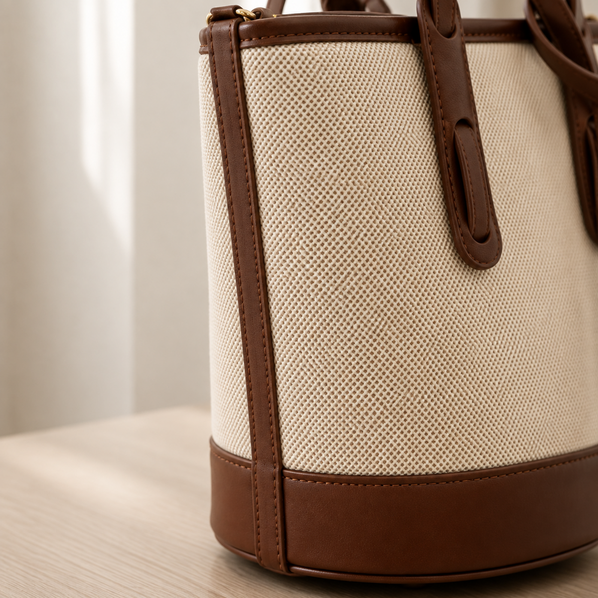 Canvas texture and vegan leather side seam close-up