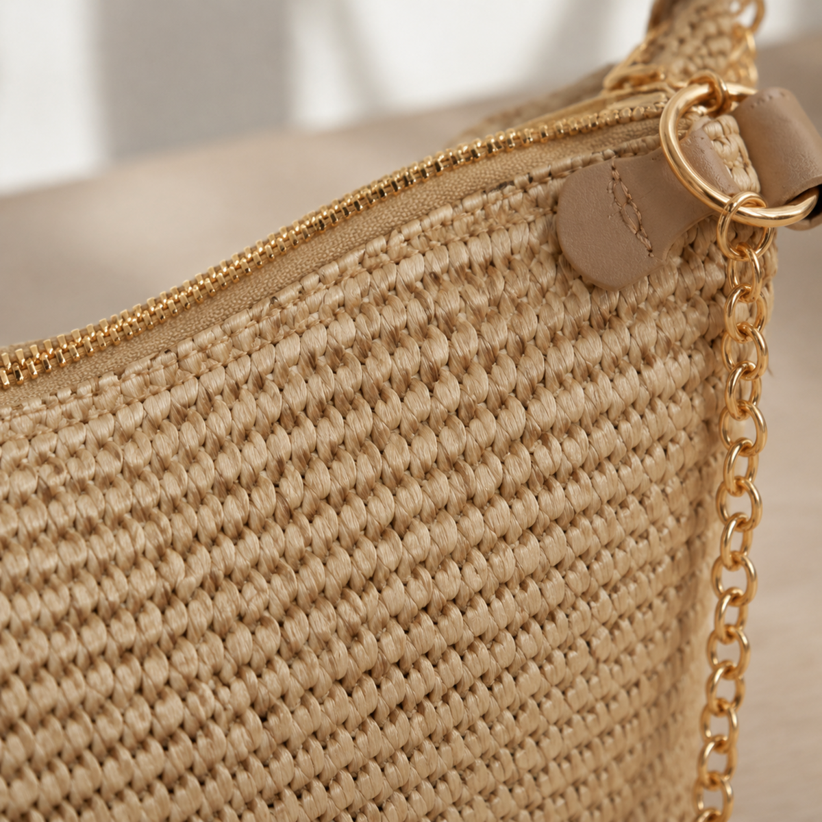 Straw weave and zipper close-up