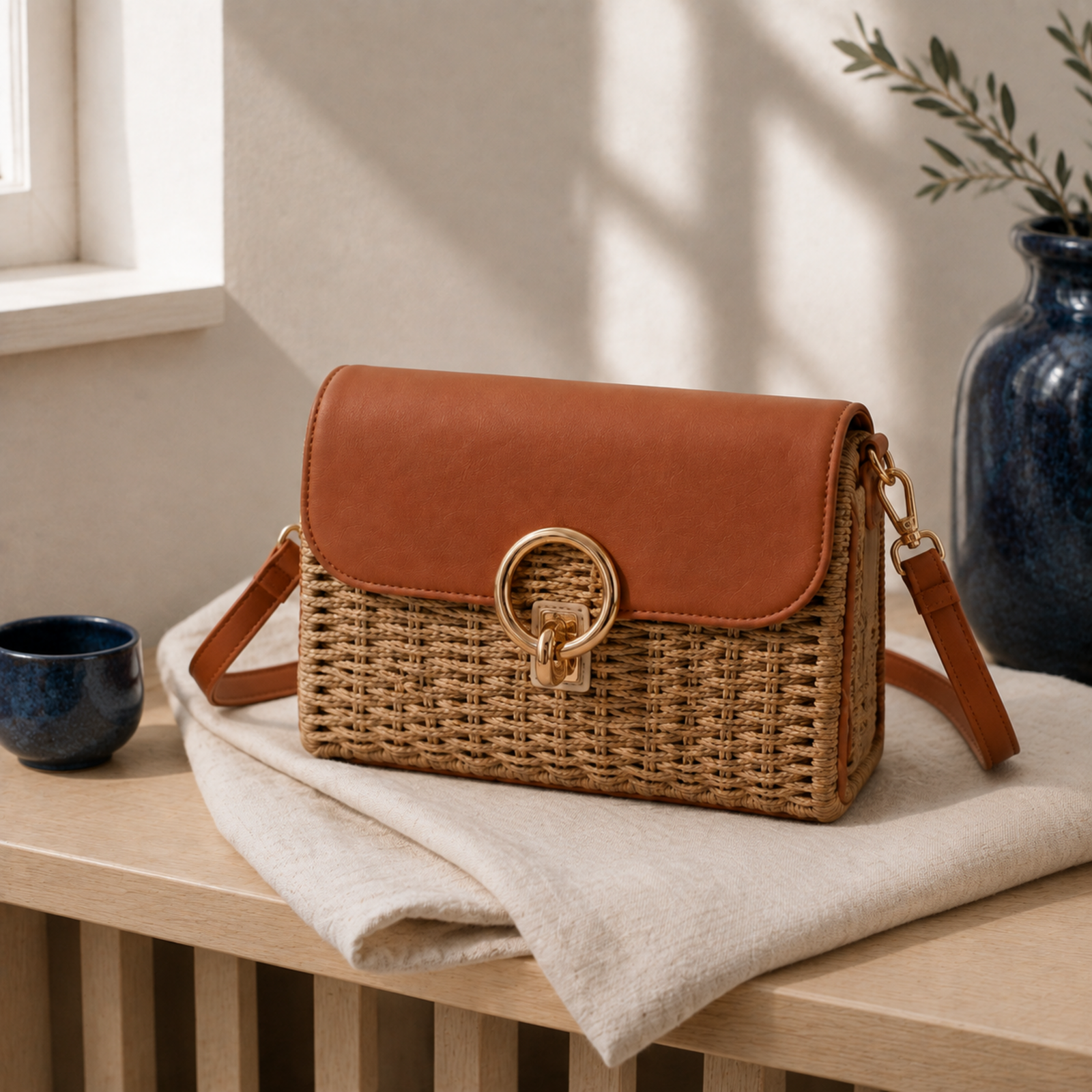Camel woven square-lock bag in neutral home setting