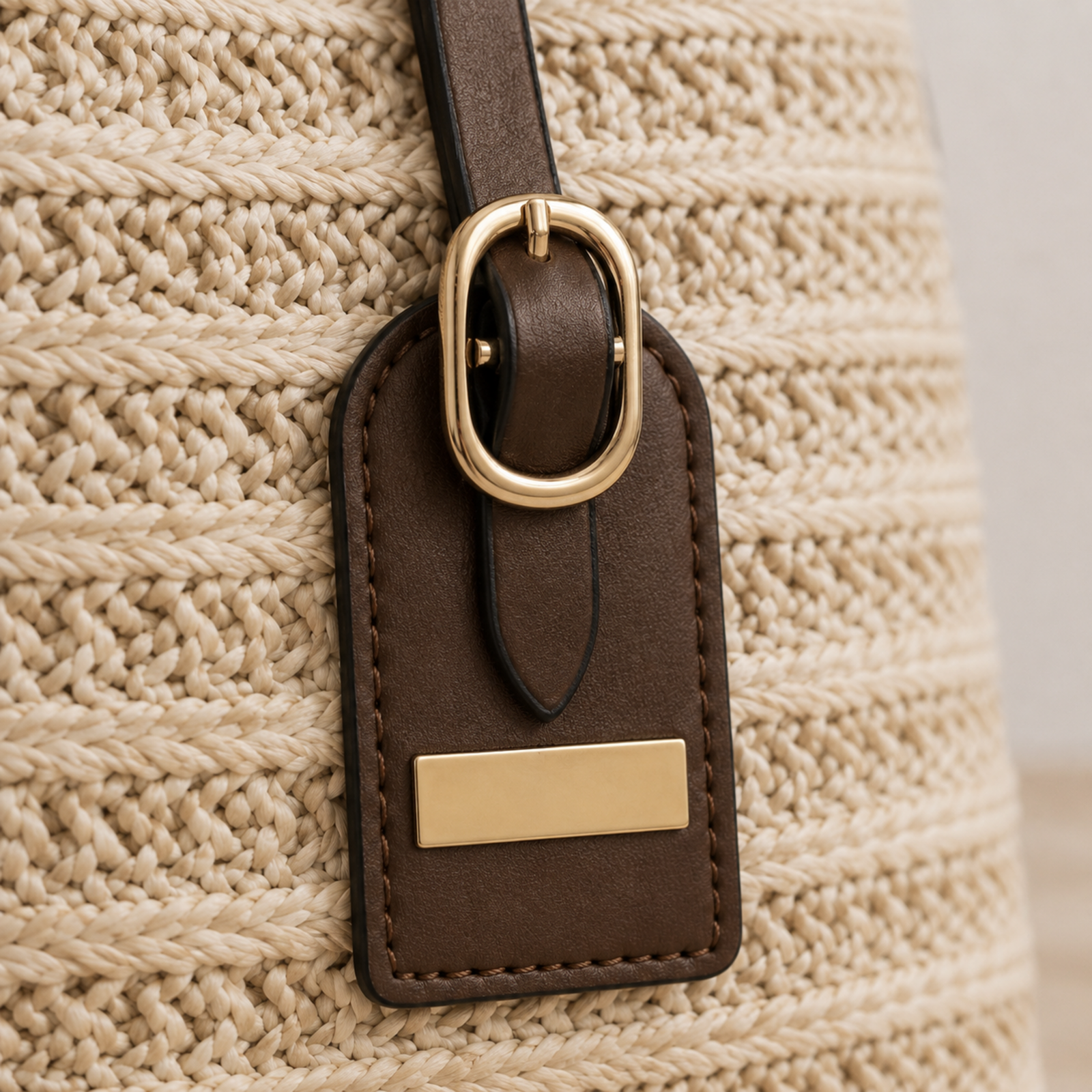 Oval buckle and leather tag close-up
