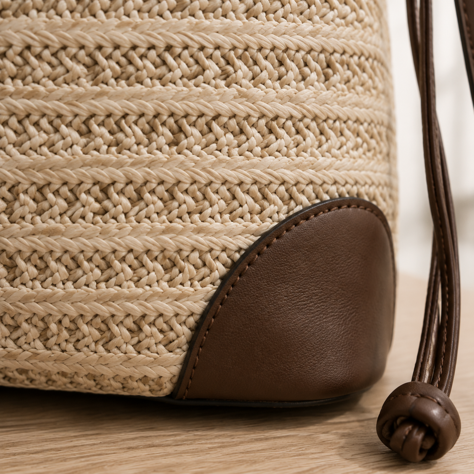 Herringbone weave and leather corner close-up
