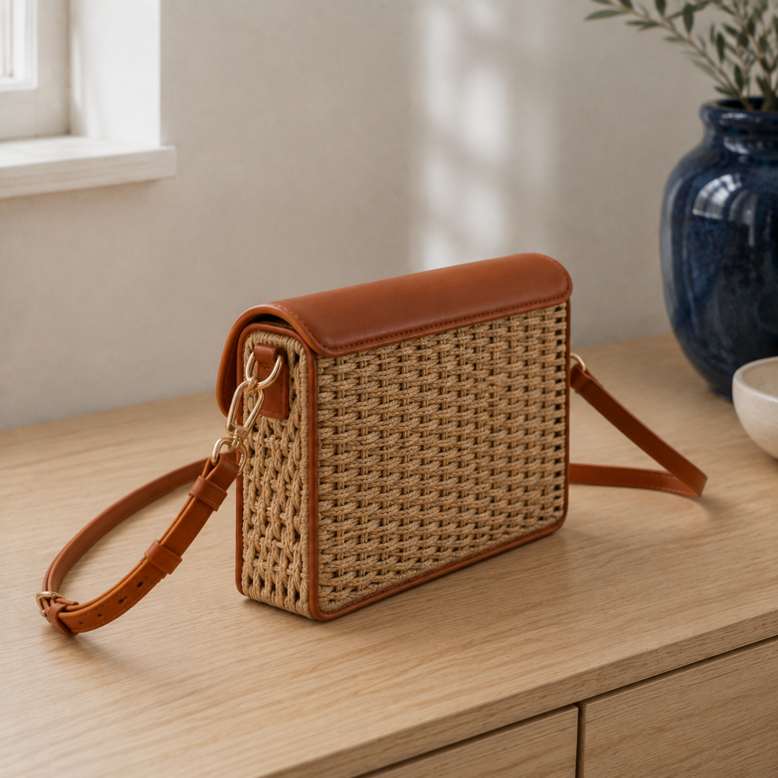 Woven crossbody bag rear and side construction