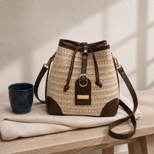 Woven Straw Drawstring Bucket Bag, Adjustable Summer Crossbody Purse
