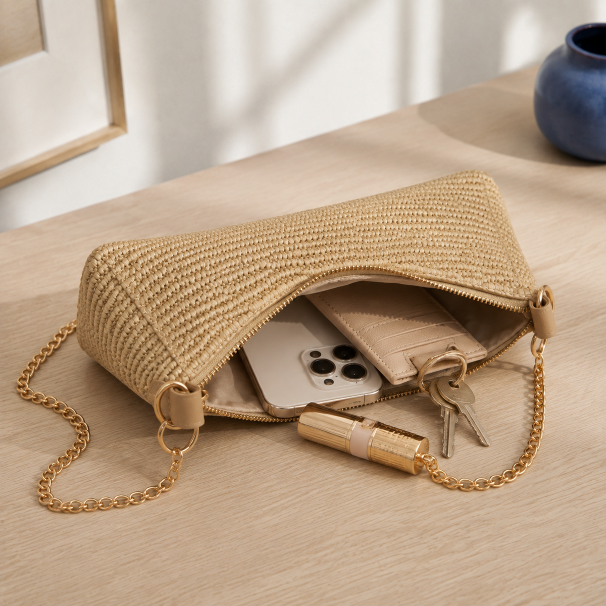 Compact woven straw bag everyday capacity