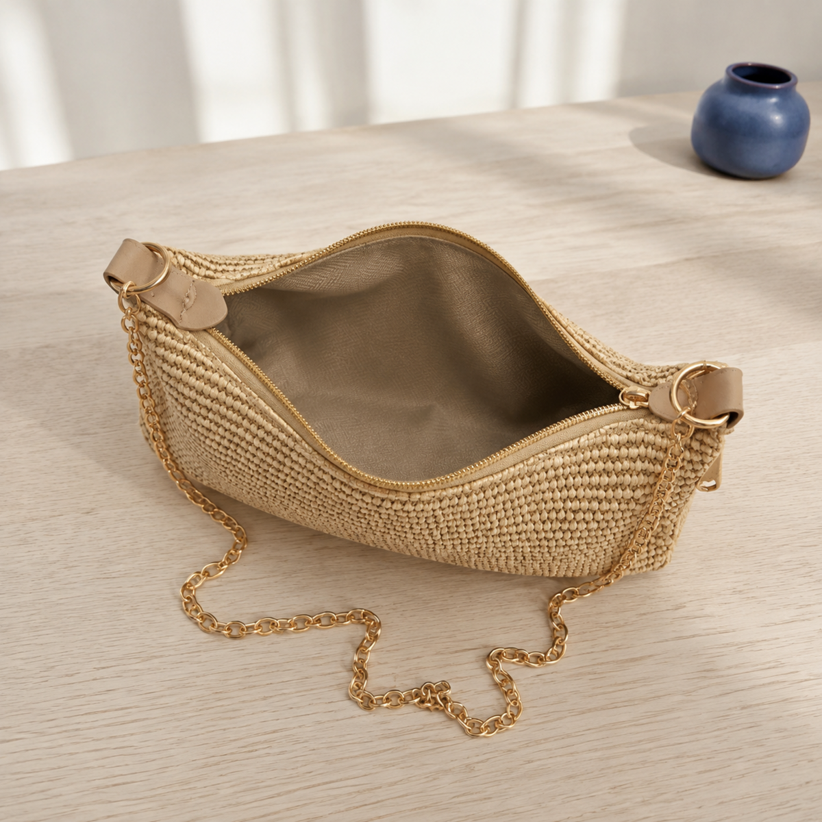Woven straw bag open interior and lining