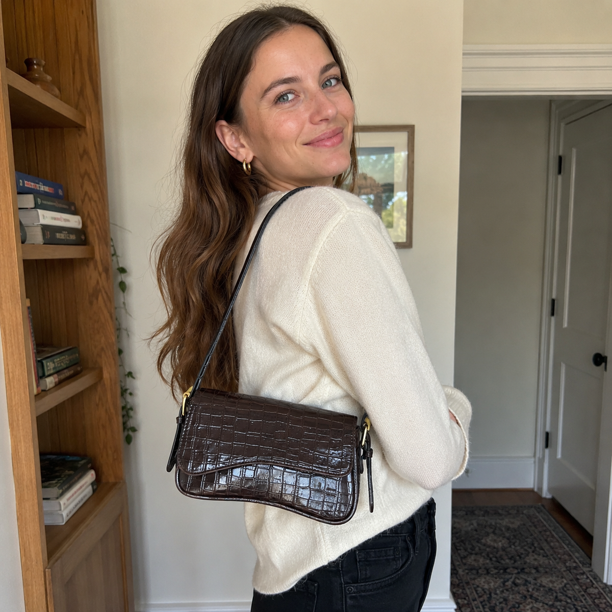 Vegan Leather Baguette Bag, Retro Shoulder Purse with Asymmetric Flap