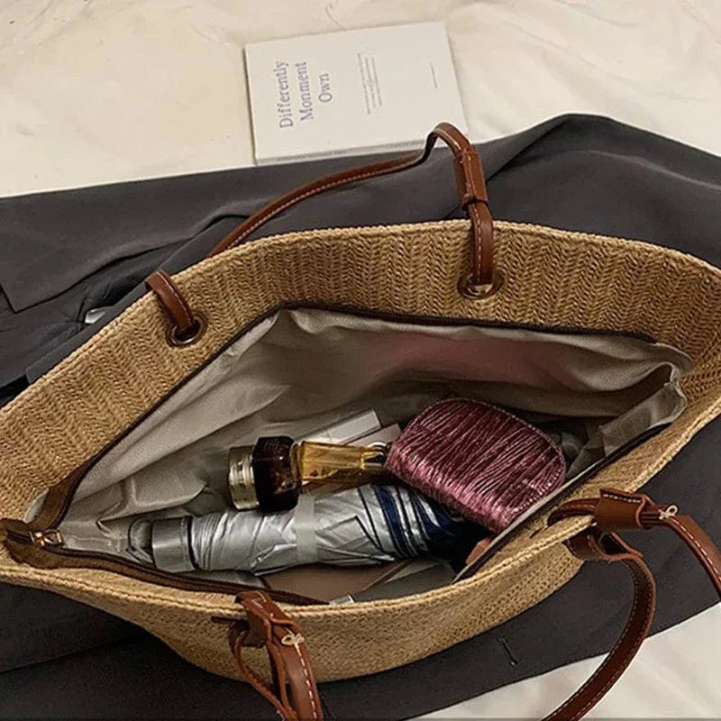Straw Basket Bag for Women, Beach Vacation and Market Purse, styled as a SheSelects summer accessory