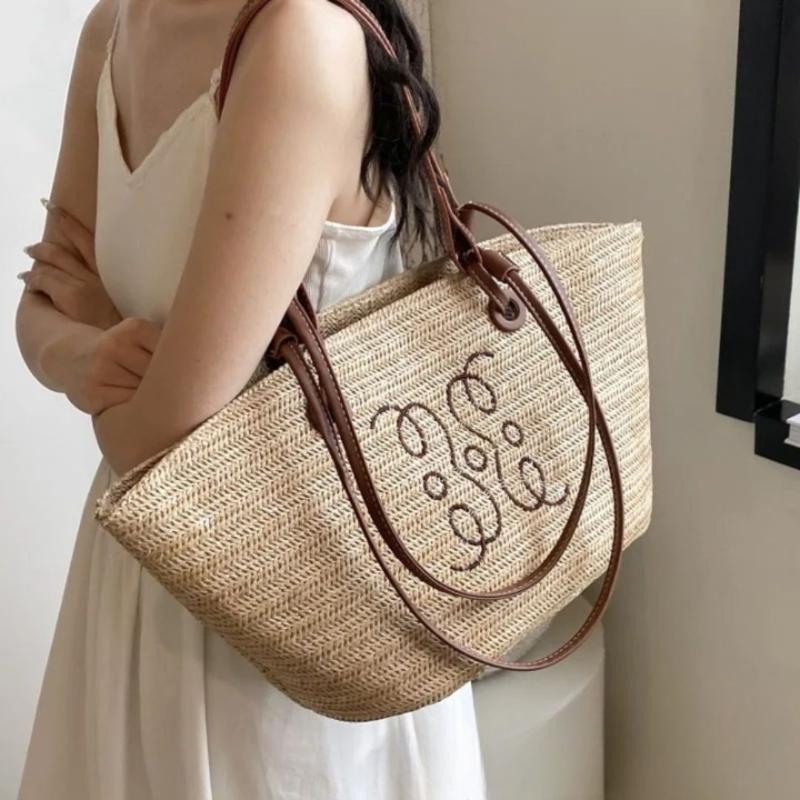 Straw Basket Bag for Women, Beach Vacation and Market Purse