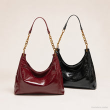 Glossy Vegan Leather Hobo Bag, Gold Chain Shoulder Purse with Detachable Strap